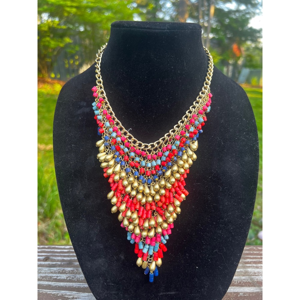 Boho Multi Strand Seed Bead Gold Teardrop Bib Statement Necklace Red Blue